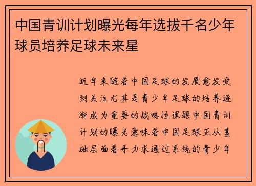 中国青训计划曝光每年选拔千名少年球员培养足球未来星